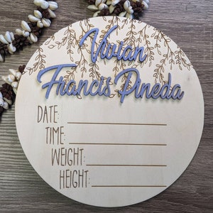 Custom Hospital Welcome 3D Hello Name Date Time Weight Length Birth Announcement  Detail Plaque Laser Cut Wood Sign Photo Prop