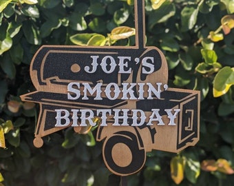 Custom Smoker | Grill Master | BBQ | Barbaque | Chefs Birthday Natural Wood Cake Topper