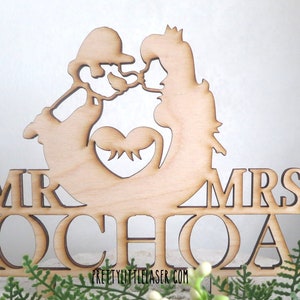 Custom Gamer Couple Mario and Peach Wedding or Anniversary Personalized with Last Name Natural Cake Topper