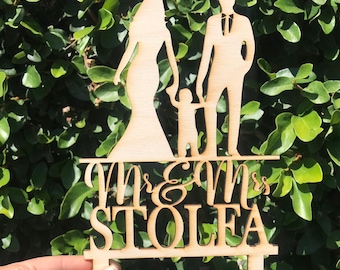 Wedding Cake Topper with Bride Groom and Son Boy Custom Rustic Couple and Kid Cake Topper Personalized