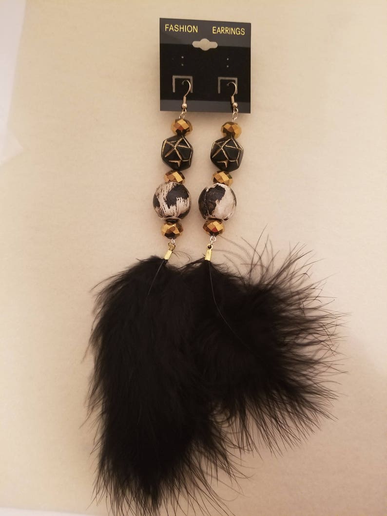 Black and Gold Feather Earrings image 1