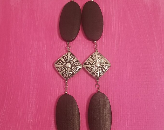 Long Black Wood and Silver Earrings