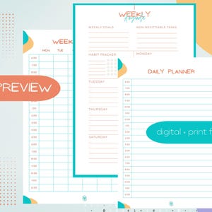 May include: A printable weekly planner with a teal and orange color scheme. The planner includes sections for weekly goals, non-negotiable tasks, a habit tracker, and a daily planner.