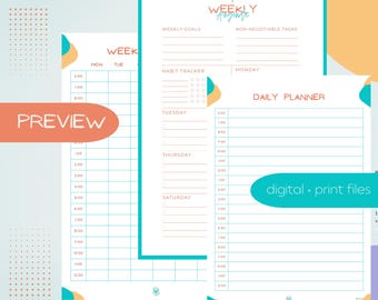Op de afbeelding: Een printbare weekplanner met een turquoise en oranje kleurenschema. De planner bevat secties voor wekelijkse doelen, niet-onderhandelbare taken, een gewoontetracker en een dagelijkse planner.