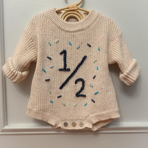 Personalized Baby Half Birthday Sweater Hand Embroidered Knit