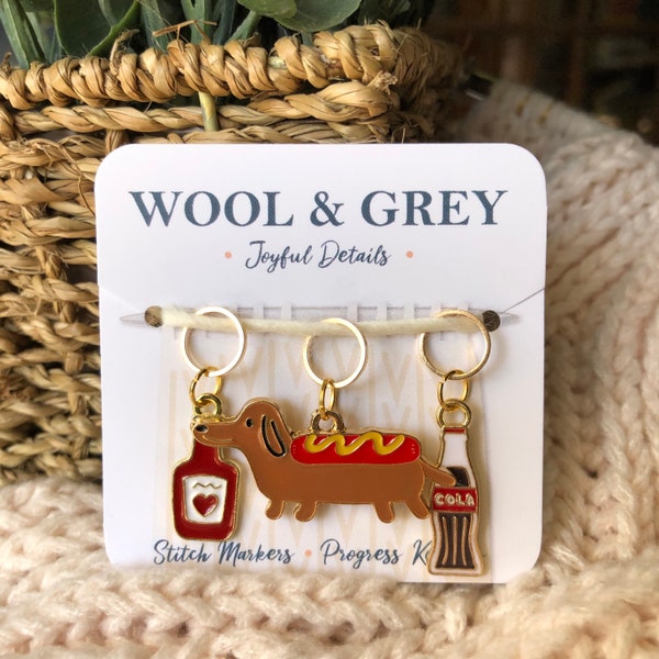 Hot Dog Knitting Stitch Markers/ Crochet Stitch Markers / Progress Keepers/ Dachshund Enamel Stitch markers