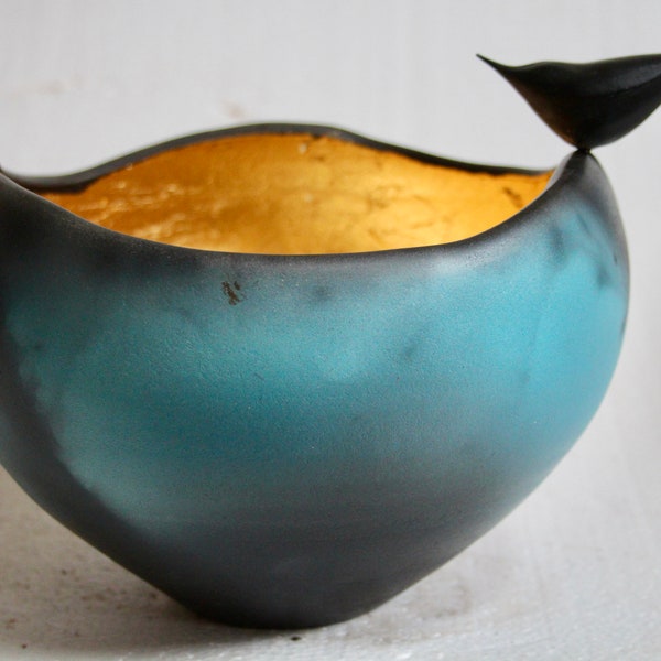 art,ceramic,raku,bird,gold leaf,bowl