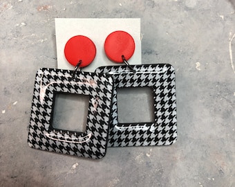 Bold red black white studs, dangle square, Houndstooth fabric pattern earrings, mother's day gift, elegant statement earrings, Red hat look
