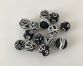 18-20 mm Black white polymer clay round beads set of 12 3D beads DIY beads  Craft jewelry supplies Assorted clay bead