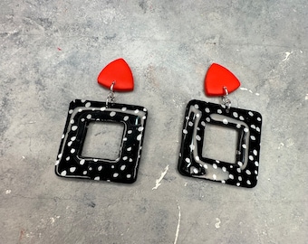 Bold red black white studs, Polka dot fabric pattern chunky stud earrings, mother's gift, elegant statement earrings in black white red