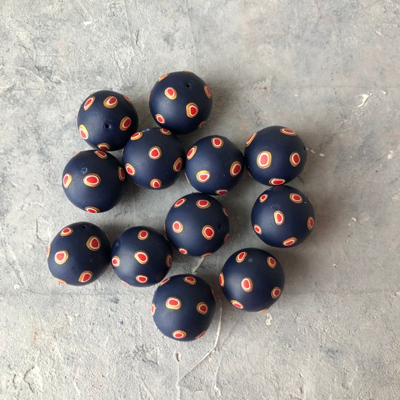 20-21 Mm Blue Red Dots Round Beads Set of 12/bold Polymer Clay