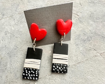 Red black summer vacation earring/ beach theme jewelry/polymer clay earring/long dangle red heart black white polka dots /summer outfit/boho