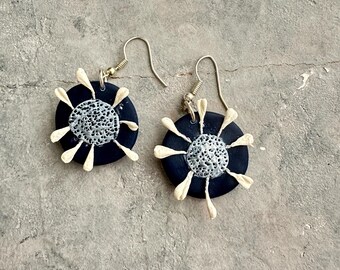 Fantasy flower dark blue white big dangle earrings, exotic flower disc bold chunky earrings, Modern Polymer clay jewelry