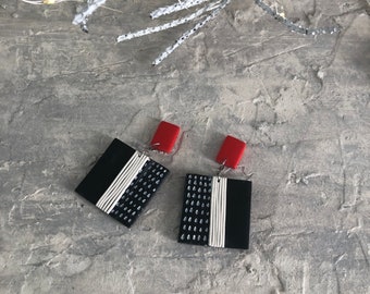 Geometric square black red white dangle earrings. Boho stud chunky earrings. Statement square earrings for linen dress outfit.