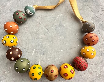 Chunky statement multicolor beaded necklace, Boho style polka dot necklace, Autumn polymer clay jewelry, lovely women's gift