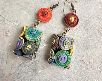 Red green summer earrings/Ethnic style earrings/Flower theme jewelry/polymer clay earrings/long dangle multicolor earrings/summer outfit