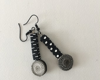Black white polka dot long earrings/polymer clay long earrings/boho monochrome earrings/small gift for girlfriend/mothers day gift/cute gift