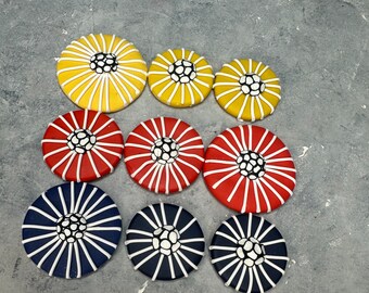 3 Sizes Blue red yellow pattern polymer clay disc set of 9/ Bold chunky beads flower pattern /Craft jewelry supplies DIY beads
