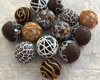20-22 mm Black gold brown white dot polymer clay round beads set of 12/ Dot pattern DIY beads/ craft jewelry supplies/assorted clay beads