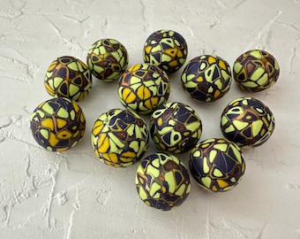 Polymer Clay Round Beads: Yellow Violet Multicolor Pattern, Set of 12
