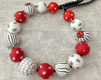 Black red white necklace, Chunky striped statement jewelry, Urban Street style necklace, Dots and stripes pattern necklace, girlfriend gift