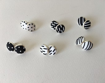 Minimalist black white stud earrings, disc stud earrings, cool stud earrings, polka dot earrings, summer nautical earring, basic earrings