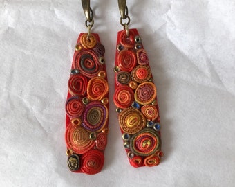 Red flower boho long multicolor earrings, fall colors earrings, ethnic jewelry, bohemian colorful asymmetric earrings, girlfriend yogi gift