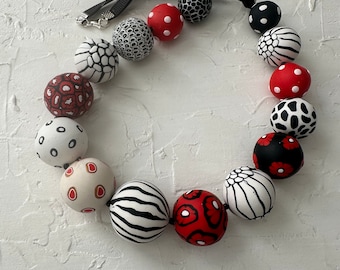 Black white red boho necklace/different bead necklace/statement elegant red necklace/Red hat outfit/ urban street style/mother gift