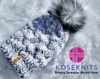 Chunky Knit Beanie with Faux Fur Pom Pom, Norwegian Design