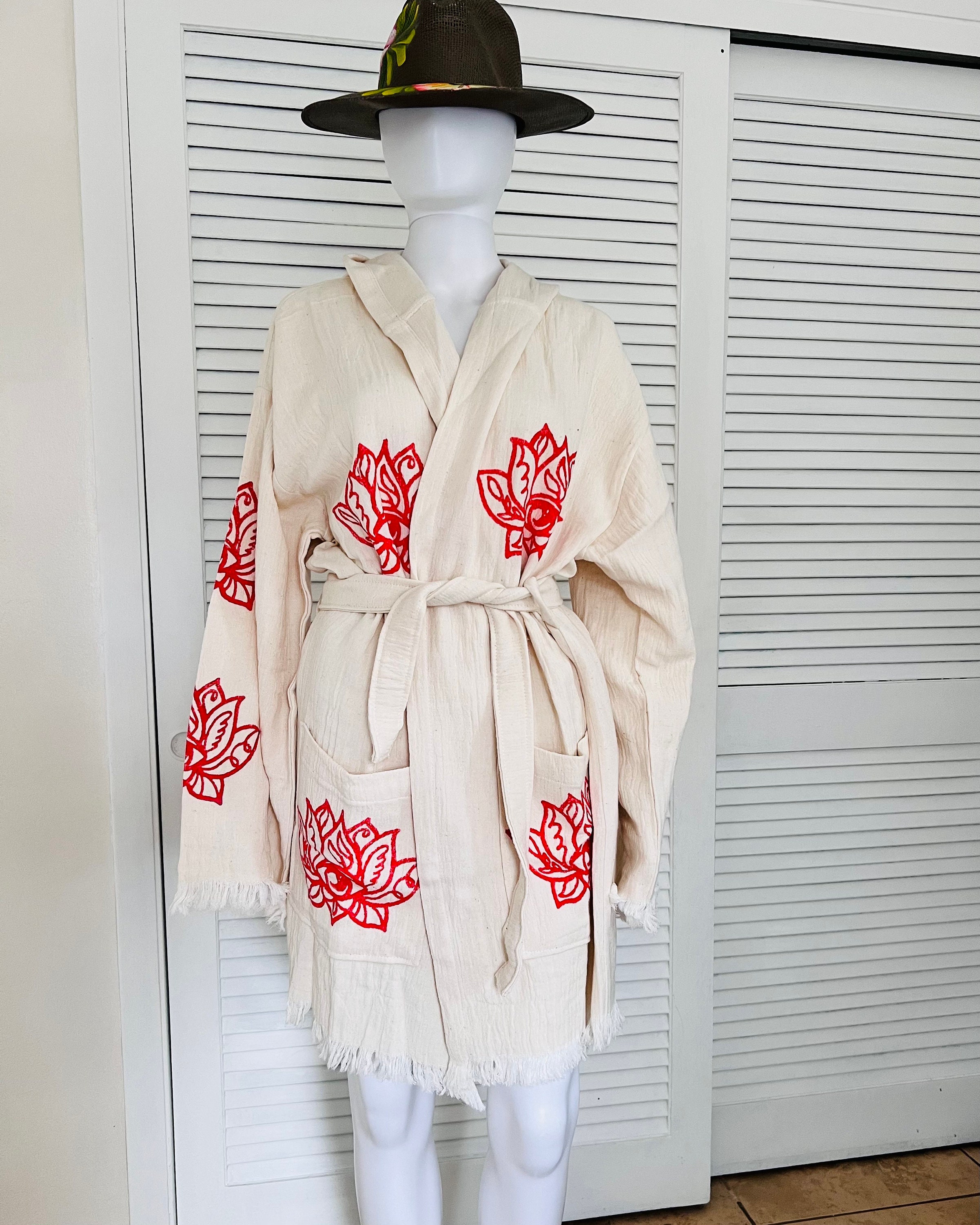 Short With Hood Lotus Boho Kimono, With Pockets, Cotton Robe, Resort