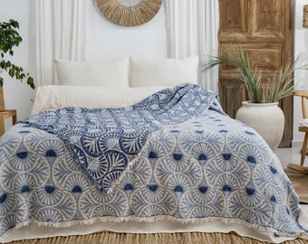 Blue Ginkgo Muslin Bed Blanket, 100% Turkish Cotton King Size Bedspread, Lightweight Reversible Gauze Blanket, Boho Bedding