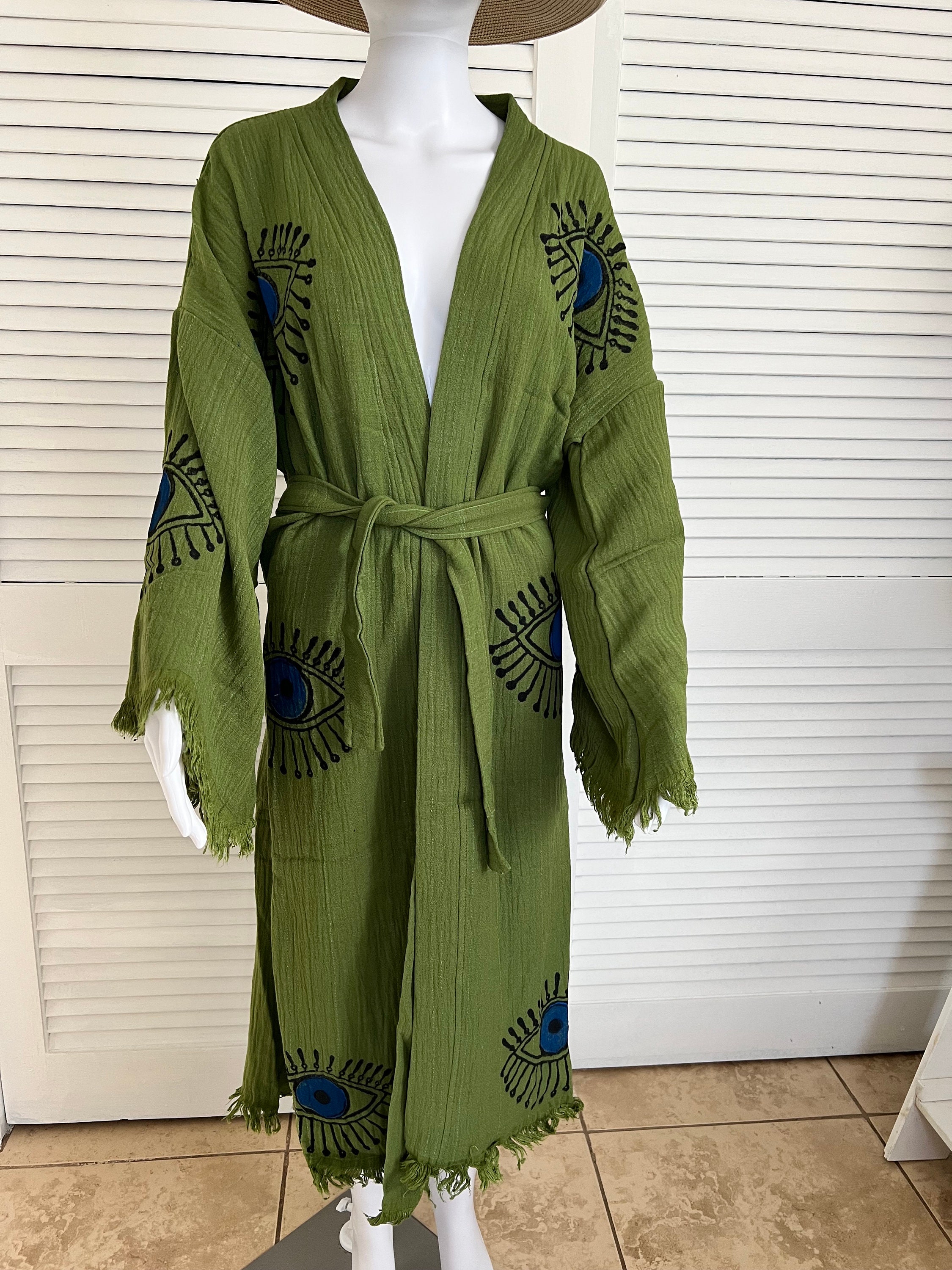 Handcrafted Blue Eye Boho Kimono, Cotton Robe, Resort Wear, Mother's