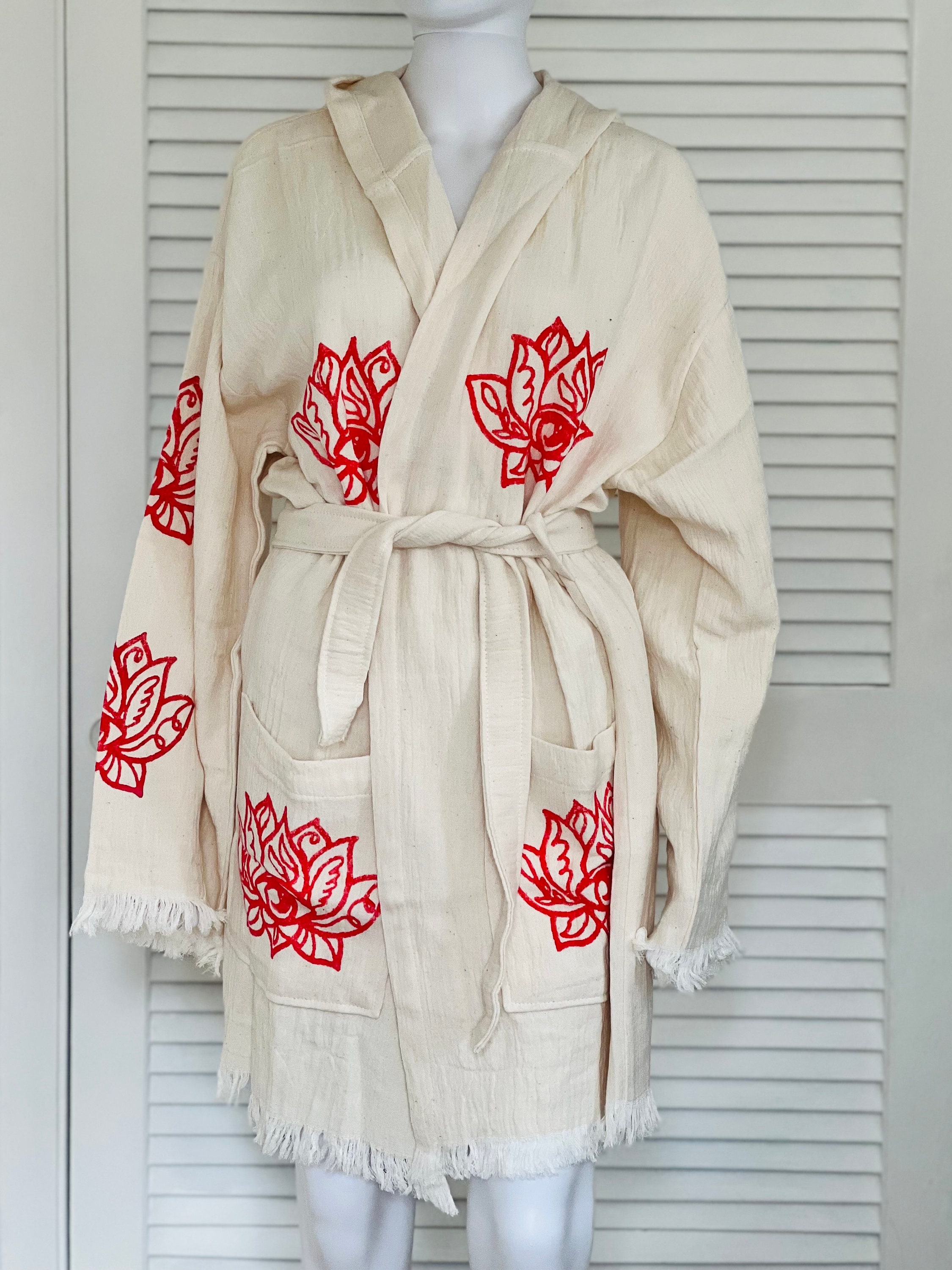 Short With Hood Lotus Boho Kimono, With Pockets, Cotton Robe, Resort