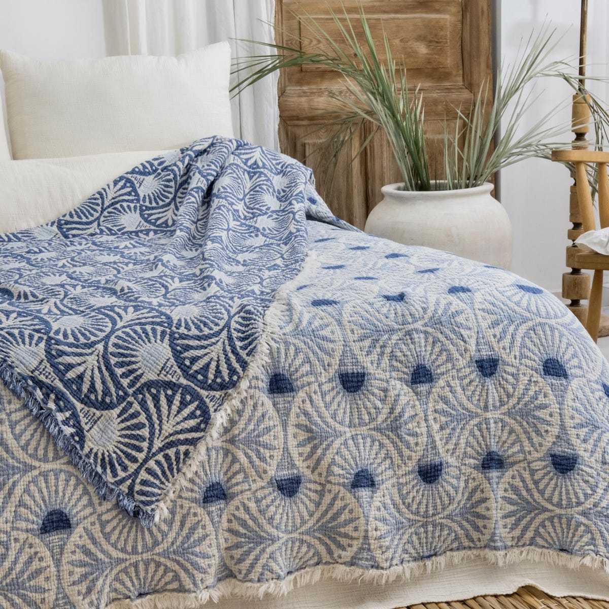 Blue Ginkgo Muslin Bed Blanket: Lightweight Turkish Cotton King/queen - Etsy