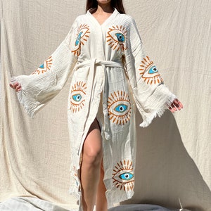 Mystic Boho Cotton Kimono: Turkish Muslin Evil Eye Robe