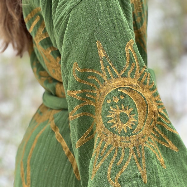 Sun and Moon Boho Kimono (Green), Cotton Robe, Resort Wear, Bride's Maid, Mother's Day Gift, Festival Kimono