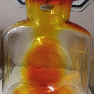 Blenko Glass Water Bottle Ice Blue Yellow Dollop 384 