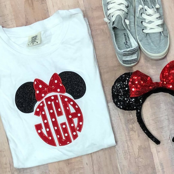 Orlando Family Vacation Red Polka Dots Mouse Ears Monogram Personalized Graphic T shirt Embroidery Applique White tee