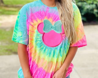 NEW ARRIVAL Tie Dye Mouse Head Glitter T shirt Retro Hippie Vacation Matching Shirts Unisex Bow Orlando Best Seller Popular