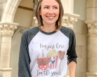 Im just here for the Snacks Watercolor Graphic Tee Raglan, Vacation Getaway Mickey Bar Candy Apple, Popcorn Best Seller Popular Group Shirts