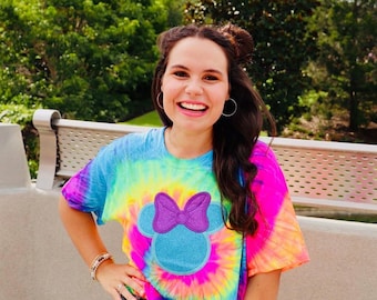 NEW ARRIVAL Tie Dye Mouse Head Glitter T shirt Retro Hippie Vacation Matching Shirts Unisex Bow Orlando Best Seller Popular