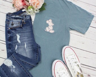 Pocket Size Mouse Head Applique Tee, comfort color, mint, mouse head, applique, floral, fabric, dashingvacations