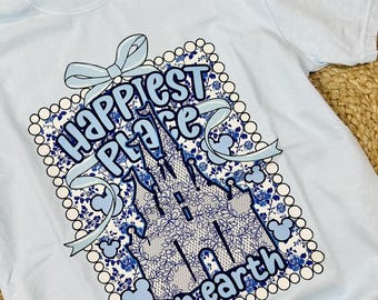 Happiest Place On Earth Blue Mouse Vacation Graphic Tee, Summer Vacation Tee, Matching Mouse Vacation shirts, Theme Park Graphic Tee
