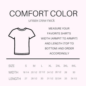 May include: A size chart for unisex crew neck t-shirts. The chart shows the width and length measurements in inches for sizes S through 4XL.