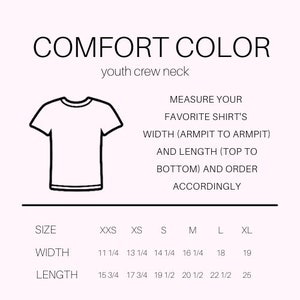 May include: A size chart for youth crew neck t-shirts. The chart shows the width and length measurements in inches for sizes XXS, XS, S, M, L, and XL.