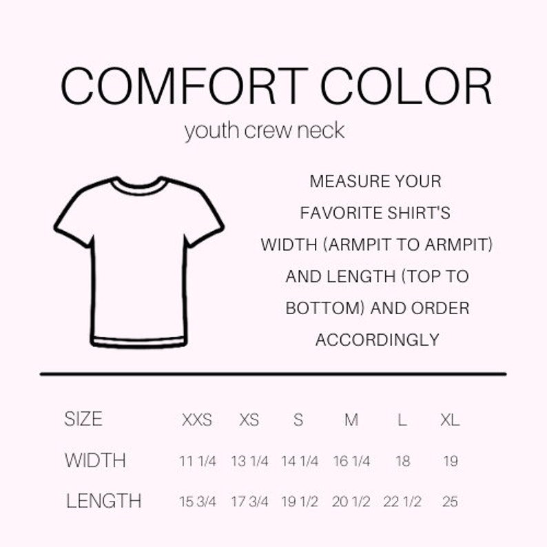 May include: A size chart for youth crew neck t-shirts. The chart shows the width and length measurements in inches for sizes XXS, XS, S, M, L, and XL.