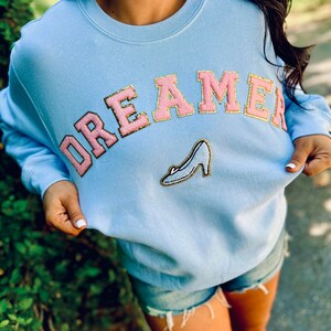 Dreamer Chenille Patch Sweatshirt, Cinderella Inspired, Dreamer Crew Neck Sweatshirt, Family Vacation, Glass Slipper, the mouse
