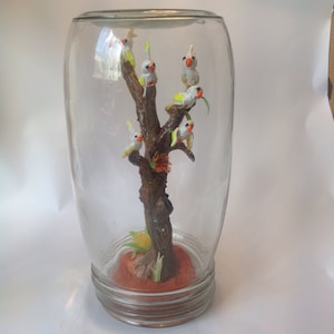 Handmade polymer clay Cockatoos in dead tree diaorama under glass image 1