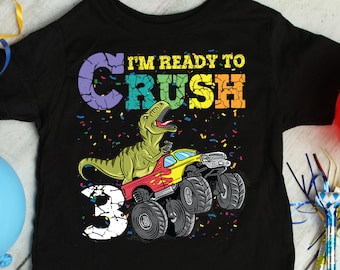 Maglietta per il compleanno del bambino di 3 anni con dinosauro T-Rex, maglietta per bambini di tre anni, maglietta per il terzo compleanno, maglietta per il terzo compleanno, compleanno del bambino con monster truck