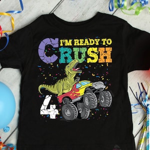 T-Rex Dinosaur 4 Year Old Birthday Boy Shirt, Four Year Old Shirt, 4th Birthday Shirt, Fourth Birthday Shirt Toddler Monster Truck Birthday